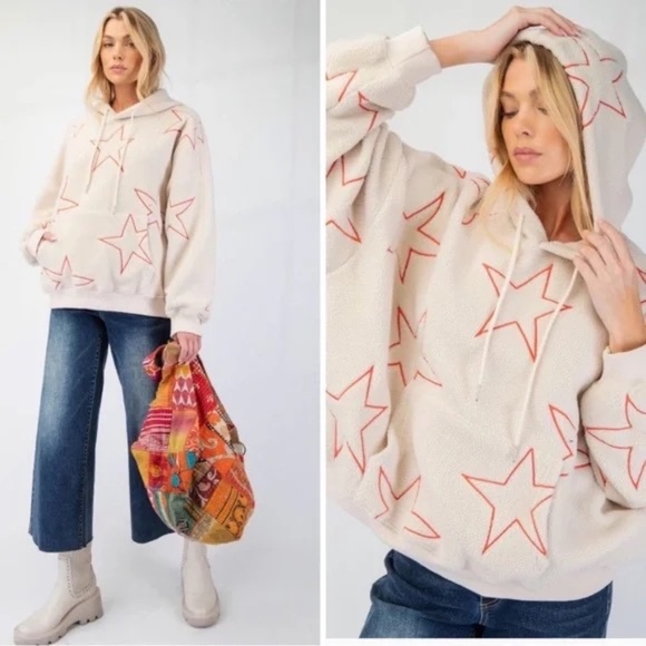 Easel Los Angeles Tops - NEW EASEL STARFISH STAR SHERPA COZY HOODIE SWEATSHIRT KANGAROO POCKET PULLOVER